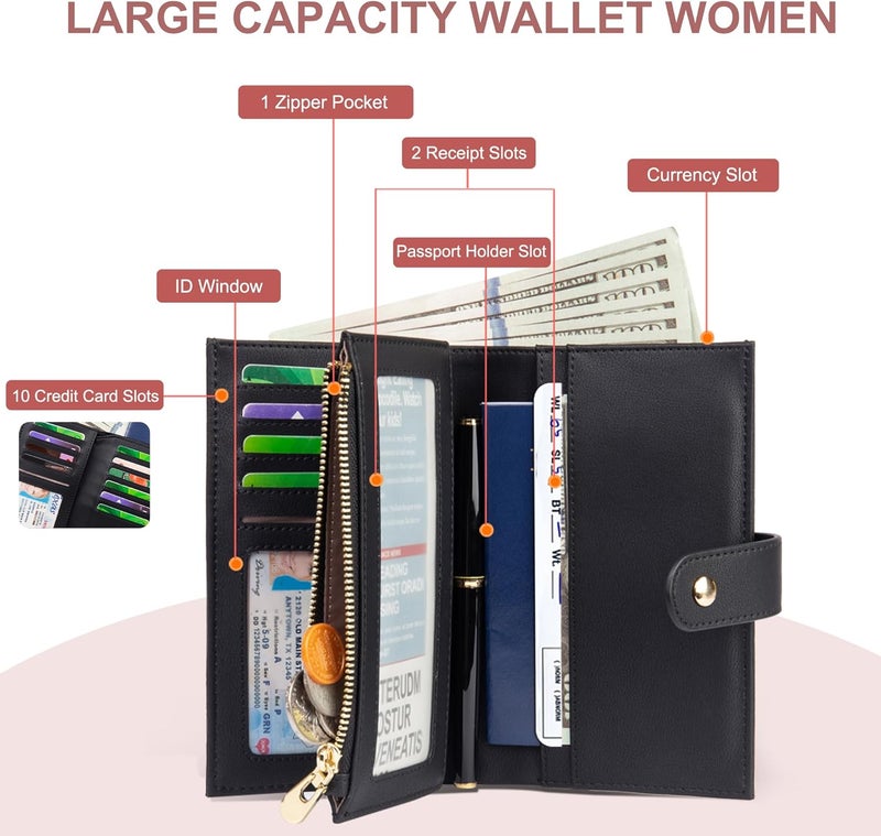 yiijay Wallet Women RFID Blocking Leather Trifold Clutch Wallet Credit Card Holder Ladies Travel Wallet Purse with Pen Holder - Image 2